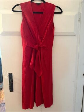 Theory Red Sleeveless Wrap Midi Dress with Front Tie